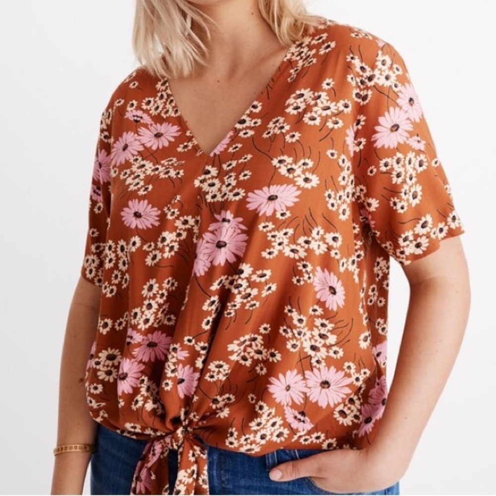 Madewell Daisy Print Tie-Front V-Neck Blouse Brown Pink Floral Medium - Picture 3 of 9